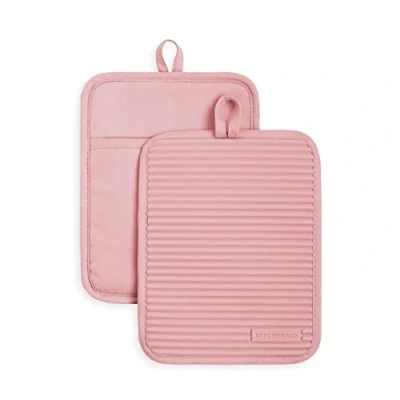 Image of KitchenAid Ribbed Soft Silicone Pot Holder Set, Dried Rose