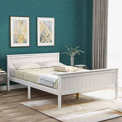 Image of Merax Bed Frame with Headboard and Footboard, Solid Pine Wooden Double Bed, 4ft6 Guest for Adults, Kids, Teenagers, Ivory, 135 x 190 cm