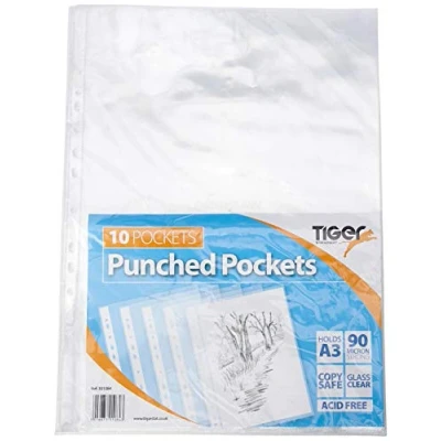 Image of Tiger A3 Portrait Punched Pockets 90 Micron Top Opening x 10