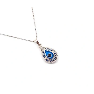 Image of MYSTIC JEWELS by Dalia Evil Eye Crystal and 925 Sterling Silver Necklace Turkish Filigree Shape (Drop Shape)