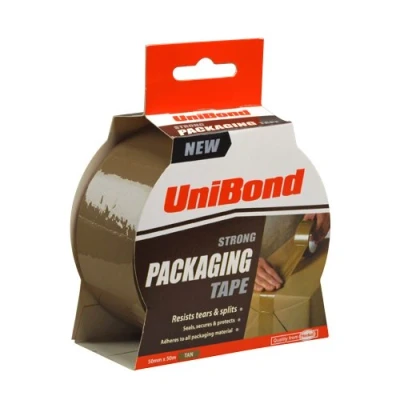 Image of UniBond Strong Packaging Tape, Resists Tears &amp; Splits, Adheres to All Material, 50mm x 50m, in Tan Colour
