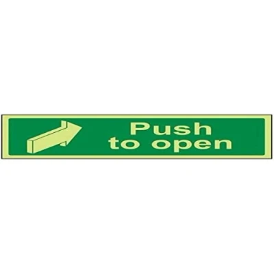 Image of VSafety Glow In The Dark Push To Open Sign 300mm x 100mm Rigid Plastic