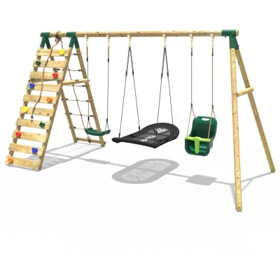 Image of Rebo® Wooden Swing Set with Up and Over Climbing Wall Skye Green OutdoorToys Baby Seat, Boat Sturdy Construction, Pressure Treated Timber