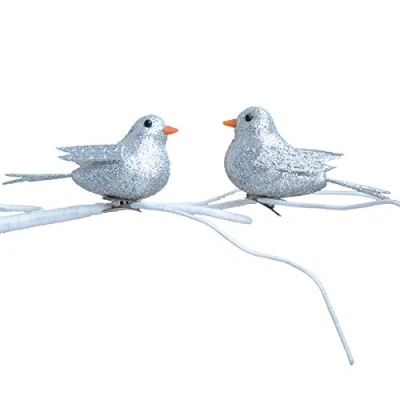 Image of Silver Glitter 10cm 2 Pack Clip on Birds Christmas Tree Decoration