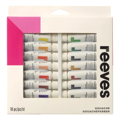 Image of Reeves Gouache Paint Set Highly Pigmented Water Based Colour Paints for Artists Fast Drying Vibrant Matte Finish Art Supplies Adults &amp; Kids 18 x 12ml Pack