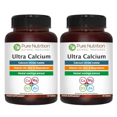 Image of Pure Nutrition Ultra Calcium Citrate 1000mg Highly absorbable Supplement with Malate,Vitamin D,Zinc and Magnesium 1 Tablet Daily (90 Veg Tabs) Non GMO Gluten Free (Pack of 2)