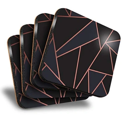 Image of Destination Vinyl ltd Great Coasters (Set of 4) Square Rose Gold Black Art Deco Elegant Pattern Drink Glossy Coasters/Tabletop Protection for Any Table Type #24121