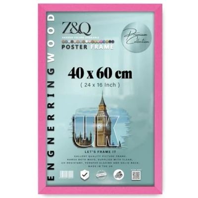 Image of Z&amp;Q Wall Mounted Poster Picture Frame Pink 40 x 60 cm Display Painting Photo Print With HD Clear Perspex Both Ways Hanging Hooks MDF Wood 30x15mm Moulding