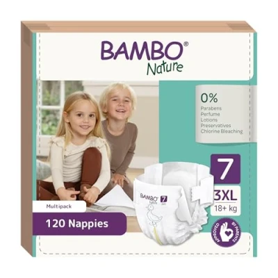 Image of Bambo Nature Nappies Size 7 (18+kg), Box of 120 Disposable Nappies, Eco Nappy with Enhanced Leakage Protection, Secure Baby Nappy, Skin Friendly for Ultimate Comfort