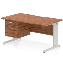Image of Impulse 1400 x 800mm Scalloped Edge Office Desk Walnut Top Silver Cable Managed Leg Workstation 1 2 Drawer Fixed Pedestal