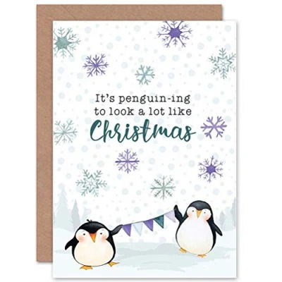 Image of Wee Blue Coo Personalised Penguin Bunting Snowflakes Cute Fun Xmas Pun Greeting Card For Anyone All Man Woman Christmas
