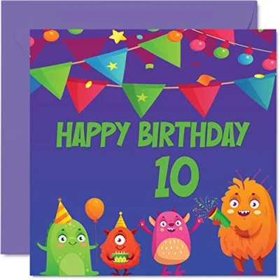 Image of 10th Birthday Card Boy Girl Monster Happy 10 Year Old Boy, Girls Boys Cards for Him Her, 145mm x Greeting Son Nephew Grandson Kid Children
