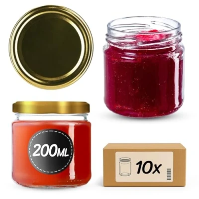 Image of KADAX Glass Jars 200 ml, Small Preserving with Metal Lids for Homemade Jam and Honey, Storing Spices Herbs (Gold Lids, Set of 10)