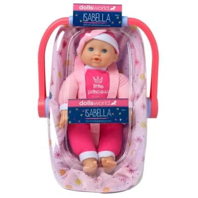 Image of DOLLSWORLD from Peterkin Isabella doll &amp; car Set 30cm (12&quot;) soft bodied with sleeping eyes, complete rocking baby seat adjustable carry handle Dolls Accessories Ages 18m+