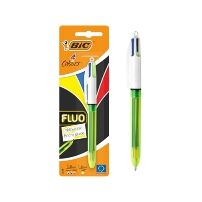 Image of BIC 4 Colours Fluo Ballpoint Pen Black, Blue, Red and Fluorescent Yellow Ink 1 Pack