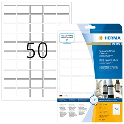 Image of HERMA Self Adhesive Film Labels, 50 Labels per A4 Sheet, 25 Sheets, 37 x mm, 1250 Blank Weatherproof Stickers, Sticky for Laser &amp; Inkjet Printer, White