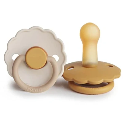 Image of FRIGG Daisy Latex Pacifier Pack of 2 Natural Rubber Soother Dummy BPA Free Made in Denmark Symmetrical Cherry Shaped Nipple (Chamomile/Honey Gold, Size (6 18 Months))