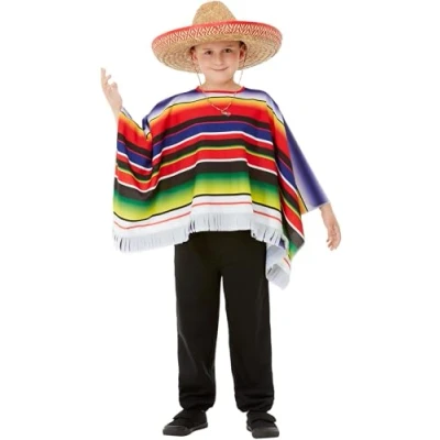 Image of Smiffys Poncho, Multi Coloured , Boys Fancy Dress, Mexican Dress Up Costumes