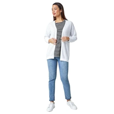Image of Roman Cotton Blend Waffle Knit Cardigan for Women UK Ladies Spring Everyday Summer Holiday Pointelle Fabric Comfy Long Sleeve Soft Edge to Daywear Sweaters White Size 14