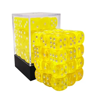 Image of Bescon 12mm 6 Sided Dice 36 in Brick Box, Six Die (36) Block of Dice, Translucent Yellow with White Pips