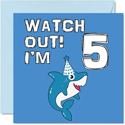 Image of 5th Birthday Card Boy Shark Watch Out Happy 5 Year Old Boy, Boys Cards for Him, 145mm x Greeting Son Brother Grandson Nephew Cousin God Fifth