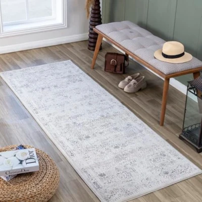 Image of Livabliss Marrakech Vintage Rug Hallway Runner Rugs Living Room 80x220 cm Scandi Neutral Rug, Traditional Patterned Boho Style, Natural Easy Care Pile Runners, Cream and Grey