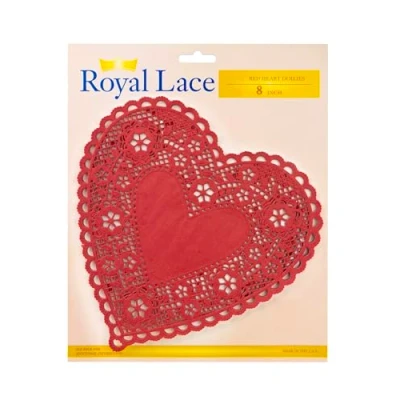 Image of Royal Lace Red Heart Shaped Paper Doilies 8 Inch Perfect for Valentines Day Crafts, Table Decor, and Parties Pack of 72