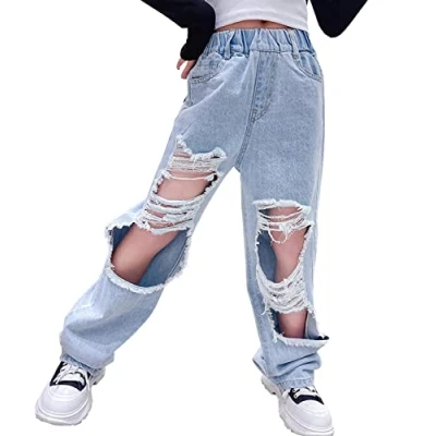 Image of NABER Kids Girls Cool Ripped Jeans Elastic Waist Washed Denim Trousers Wide Leg Jean Age 4 14 Years (Blue1, 7 8 Years)