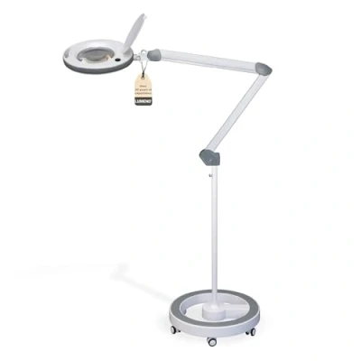 Image of Lumeno 8513GR dimmable LED Magnifying lamp, Large 152 mm Real Glass Lens, 940 Lumen, 3 diopters, Workstation DIY Reading aid, with Rolling Stand 6159GR, Color: White