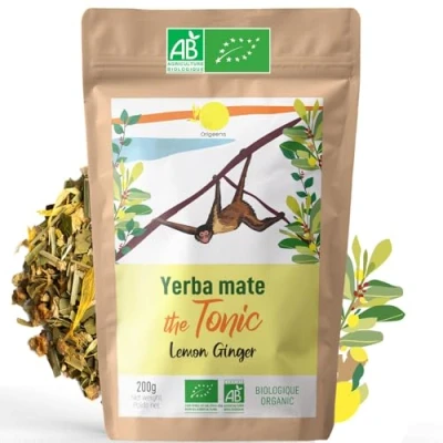 Image of ORIGEENS Organic Yerba MATE TEA WITH LEMON and GINGER 200g Le Tonique Unroasted Mate, Leaves, Without Stalks or Dust Energy Detox Drink