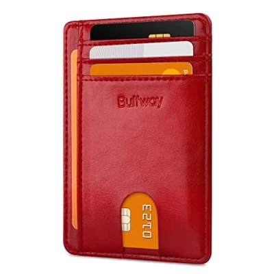 Image of Buffway Slim Minimalist Front Pocket RFID Blocking Leather Wallets for Men and Women, Alaska Cherry, S,
