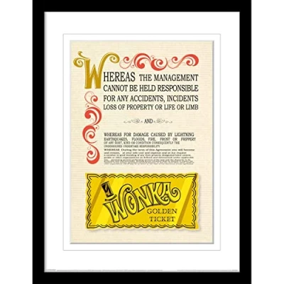 Image of Charlie and the Chocolate Factory Framed Print in Black Picture Frame Collector Edition (Golden Ticket Design) Willy Wonka Wall Art 30x40cm Official Merchandise