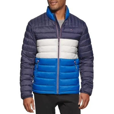 Image of Tommy Hilfiger Men&#039;s Lightweight Down Alternative Packable Puffer Jacket Coat, Royal Blue Colorblock, L