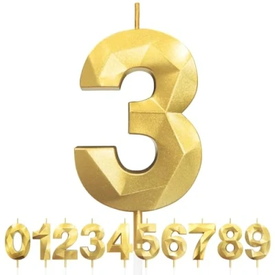 Image of 3rd Birthday Candles, Number 3 Candle, Gold Candles for Cake, Diamond 3D Happy Cake Candle Decorations Party Wedding Anniversary Celebration Supplies