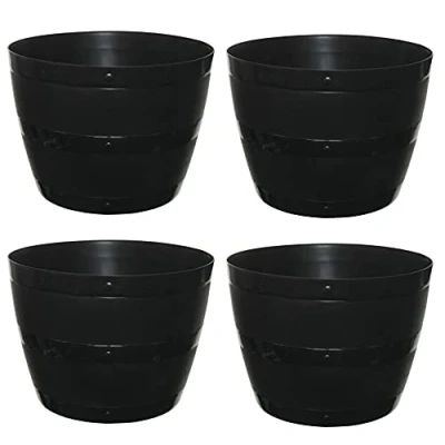 Image of Optimal Products Black Plastic Planter Plant Pot Tub Garden Patio Out Or Indoor Barrel Flower 35cm &amp; 50cm (50cm (4 Planter) Black)