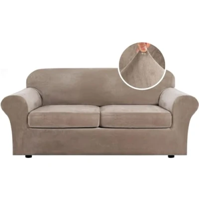 Image of LINGKY Velvet Sofa Cover 2 Seater With Separate Seat Cushion Covers, Stretch Couch Non Slip Slipcovers for Living Room Furniture Protector (Taupe,Large Seater)