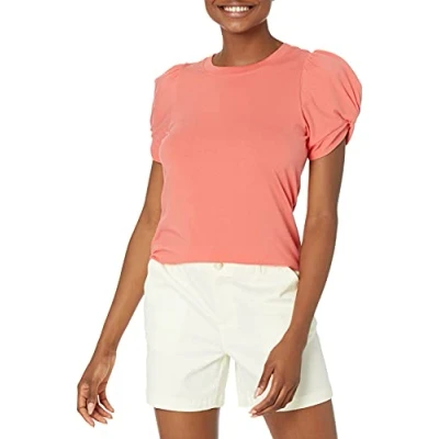 Image of Amazon Essentials Women&#039;s Classic Fit Twist Sleeve Crewneck T Shirt, Coral Pink, M