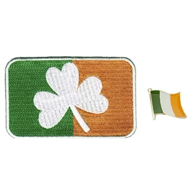 Image of Irish Clover Shamrock Embroidered Patch Plus Flag of Ireland Pin Badge