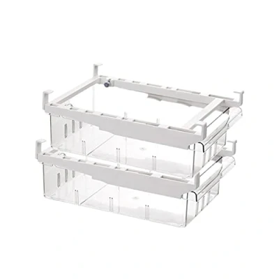 Image of HUAYT Fridge Organizer,Fridge Drawer Storage Bins with Adjustable Slide Rail,Unique Freezer Shelf Holder Container Box 2 Partition Plates (2 PACK)