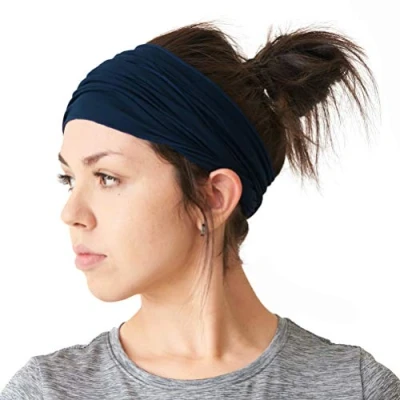 Image of CHARM Mens Elastic Japanese Headband Long Hair Bandana Womens Head Wrap Dreads Navy
