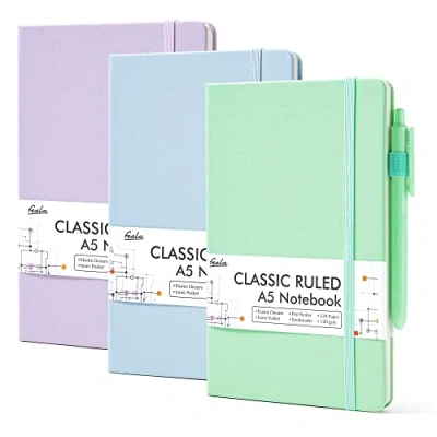Image of feela A5 Notebooks Multipack, 3 Pack Ruled Lined Notepads (120 GSM), Hardback Journal Notebook with Black Gel Pens, 128 Pages/Pack, 21 x 13cm, Pastel Colours, Lavender, Light Blue, Green