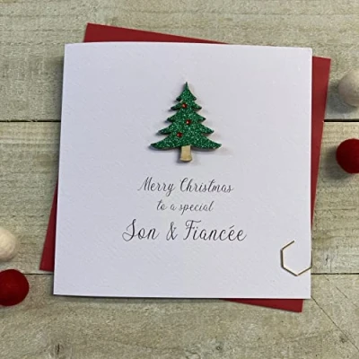 Image of Son &amp; Fiancée (female) Wooden Glittered Christmas Tree (XS6 SONF) Handmade by White Cotton Cards