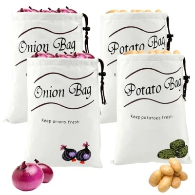 Image of Potato Onion Storage Bag Cotton Drawstring Bags with Side Zipper &amp; Blackout Lining 35x25cm Reusable Vegetable Sacks Holds 8lbs Keeper for Garlic