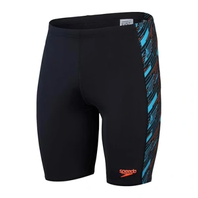 Image of Speedo Men&#039;s Hyperboom Panel Jammer Swim Training Fitness Chlorine Resistant, Black/Picton Blue/Siren Red, 30