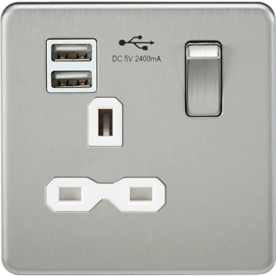 Image of KnightsBridge Screwless 13A 1G switched socket with dual USB charger (2.4A) brushed chrome white insert