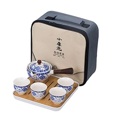 Image of fanquare Portable Chinese Travel Tea Set, Handmade Kungfu Service, One Teapot, 4 Cups, Bamboo Tray with Bag, Blue and White