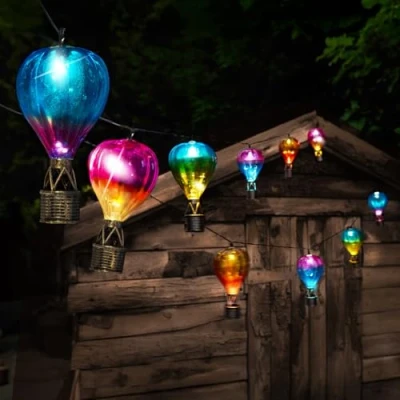 Image of Festive Lights 2.7m Multi Coloured Solar Hot Air Balloon String 10 White LED Bulbs, Outdoor Decorative Lighting, Weather Resistant Hanging Garden Feature with Bronze Effect Baskets