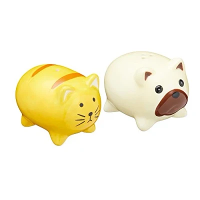 Image of KitchenCraft KCSNPCATDOG Ceramic Dog and Cat Shaped Novelty Salt Pepper Shakers Yellow / Beige (2 Piece Set)