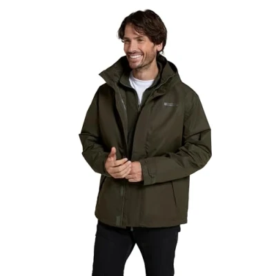 Image of Mountain Warehouse Fell Mens 3 in 1 Water Resistant Jacket Adjustable Coat with Packaway Hood, Detachable Inner Fleece &amp; Many Pockets for Hiking Outdoors Dark Khaki XXS