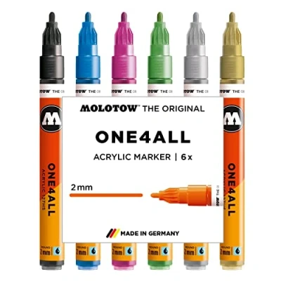 Image of Molotow One4All 127HS Acryl Marker Metallic Set (2,0 mm Strichstärke, hochdeckend und permanent, UV beständig, für fast alle Untergründe) 6 Stück sortiert